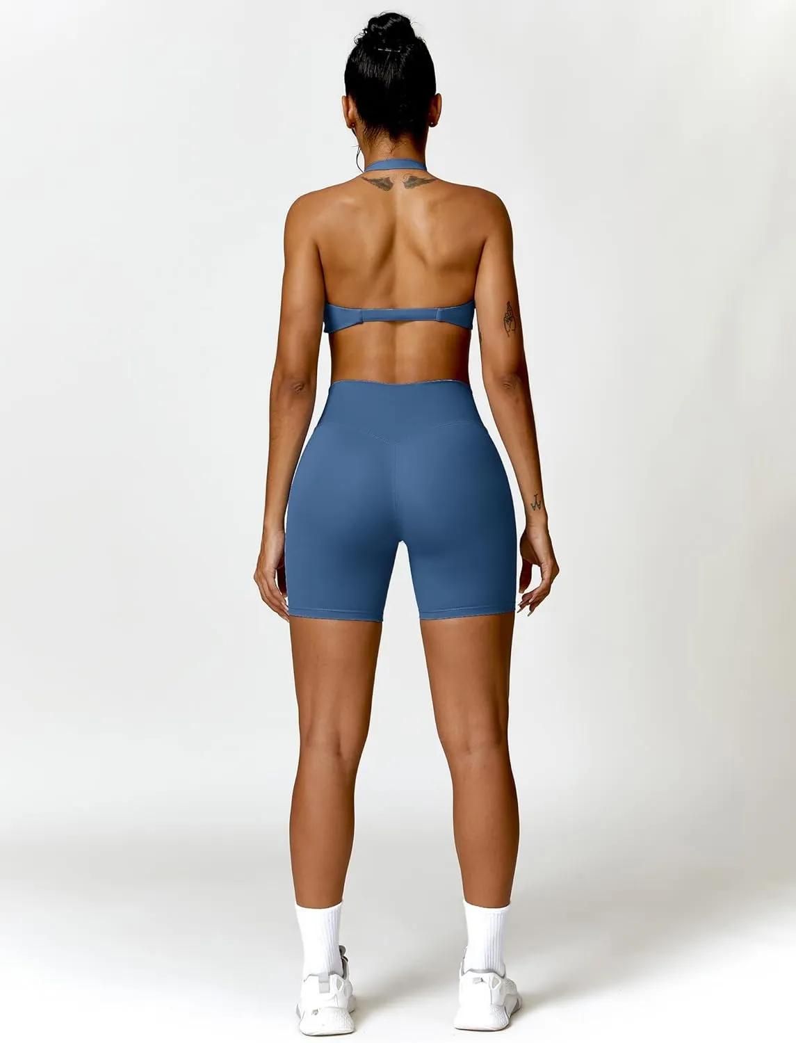 ABOCIW Workout Sets for Women Twist Front Halter Neck Sports Bra High Waist Biker Shorts 2 Piece Gym Outfits