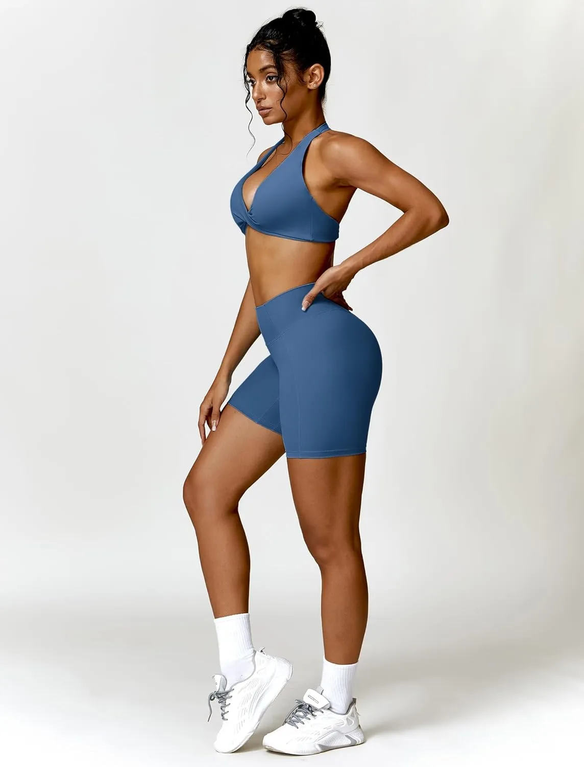 ABOCIW Workout Sets for Women Twist Front Halter Neck Sports Bra High Waist Biker Shorts 2 Piece Gym Outfits