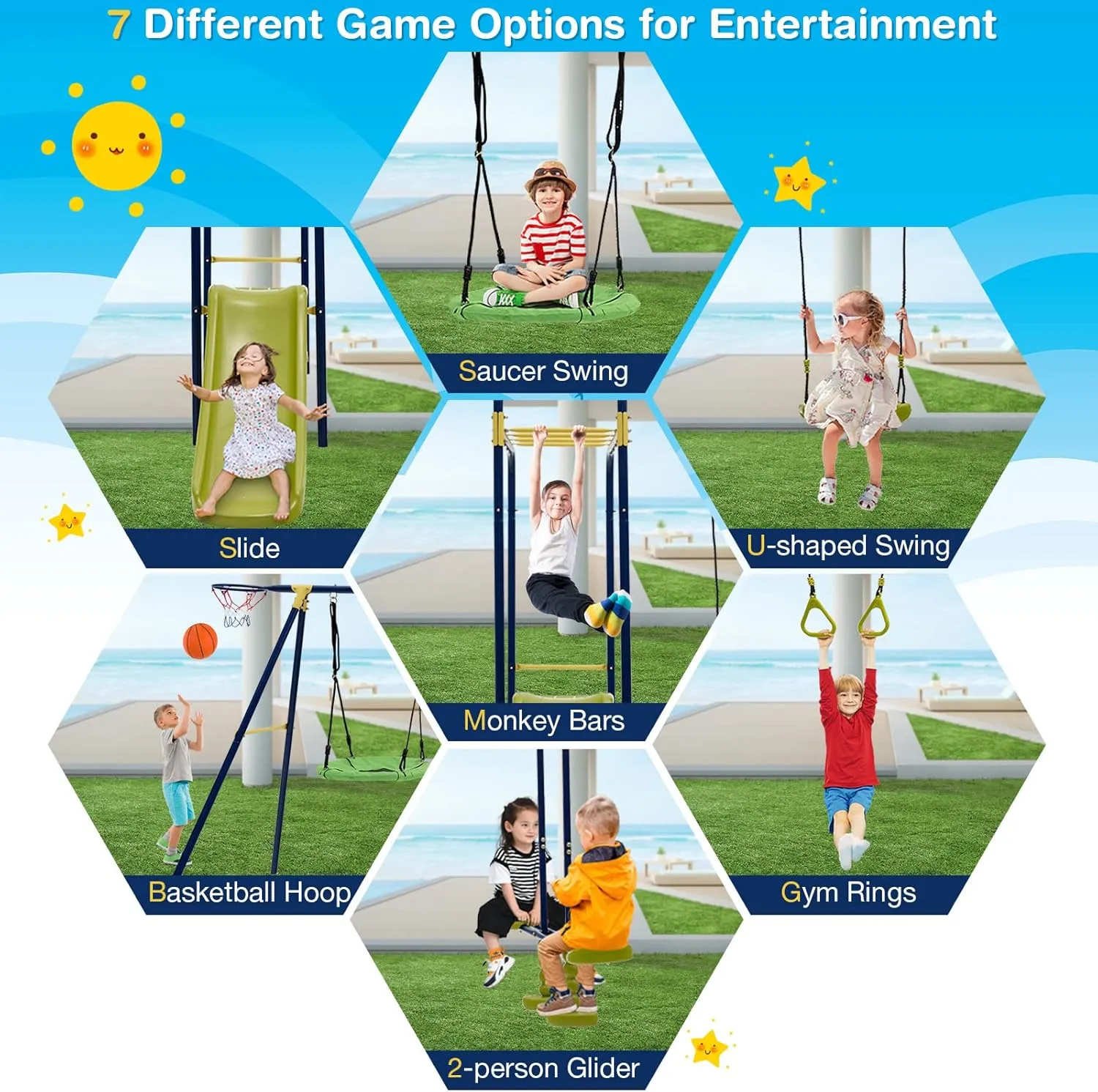 GLACER 7-in-1 Kids Swing Set w/ 2 Swings, Slide, Fun Glider, Gym Rings, Monkey Bars, Basketball Hoop, 660 LBS Swing Set for Kids, Heavy Duty Play Set for Backyard, Garden, Park