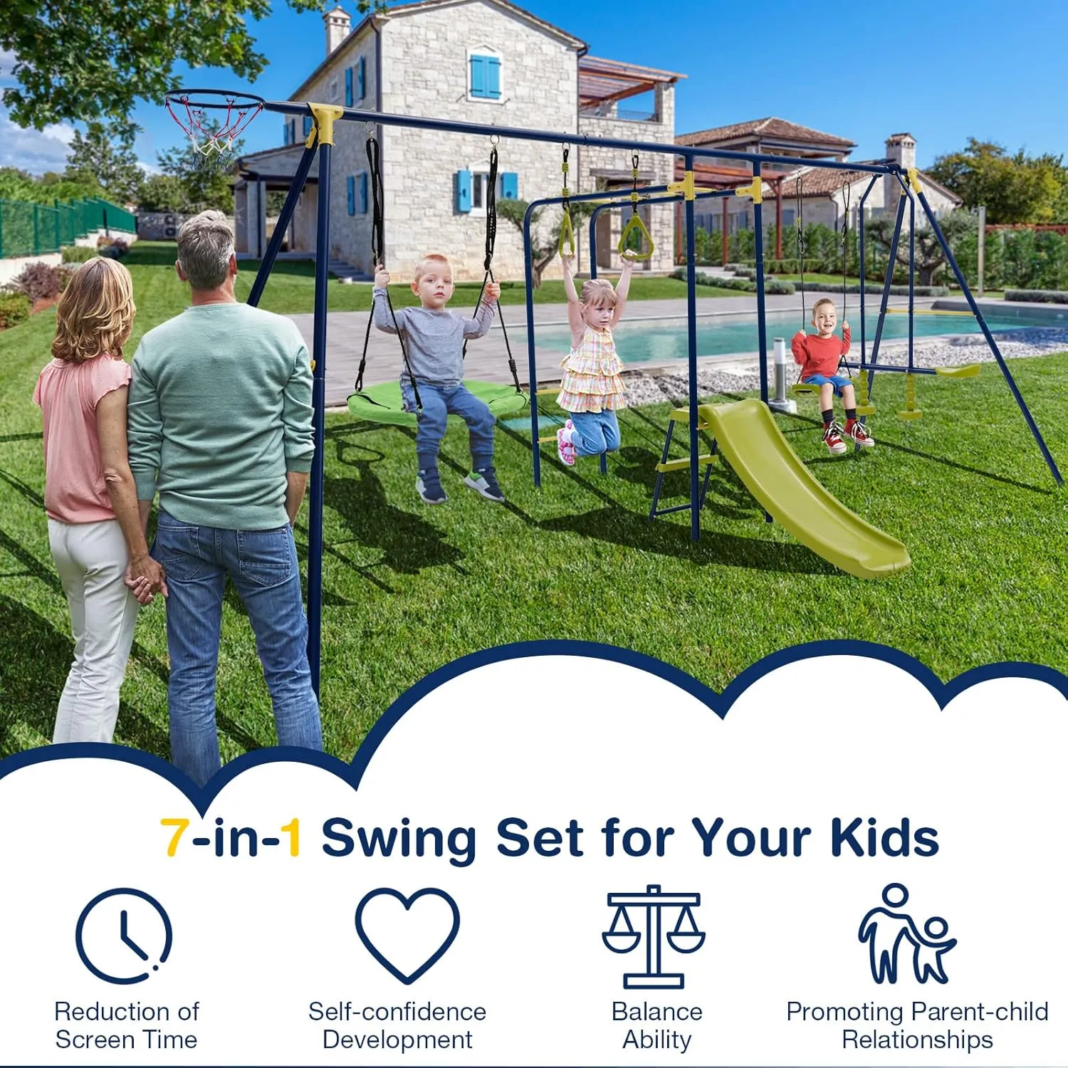 GLACER 7-in-1 Kids Swing Set w/ 2 Swings, Slide, Fun Glider, Gym Rings, Monkey Bars, Basketball Hoop, 660 LBS Swing Set for Kids, Heavy Duty Play Set for Backyard, Garden, Park