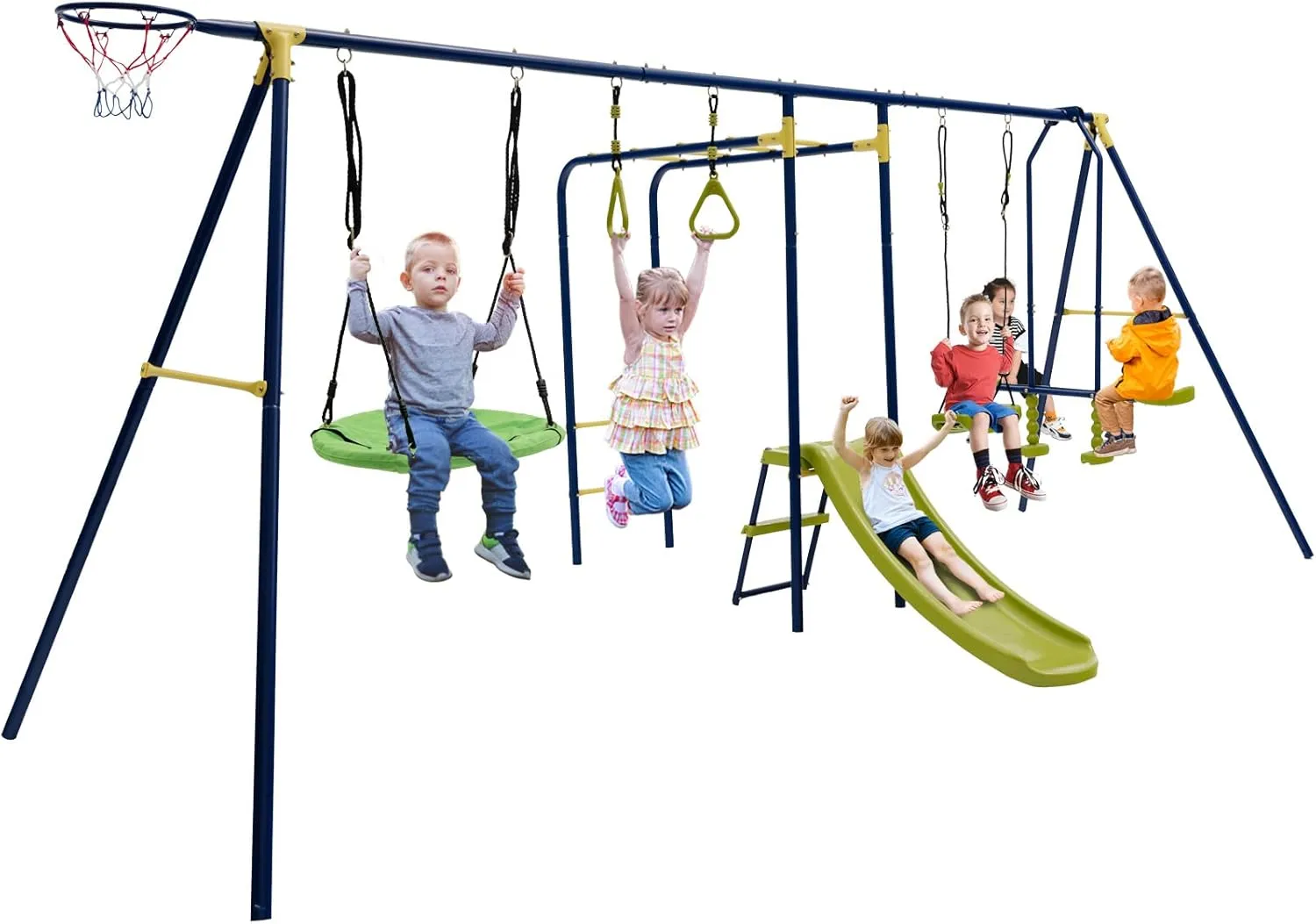 GLACER 7-in-1 Kids Swing Set w/ 2 Swings, Slide, Fun Glider, Gym Rings, Monkey Bars, Basketball Hoop, 660 LBS Swing Set for Kids, Heavy Duty Play Set for Backyard, Garden, Park