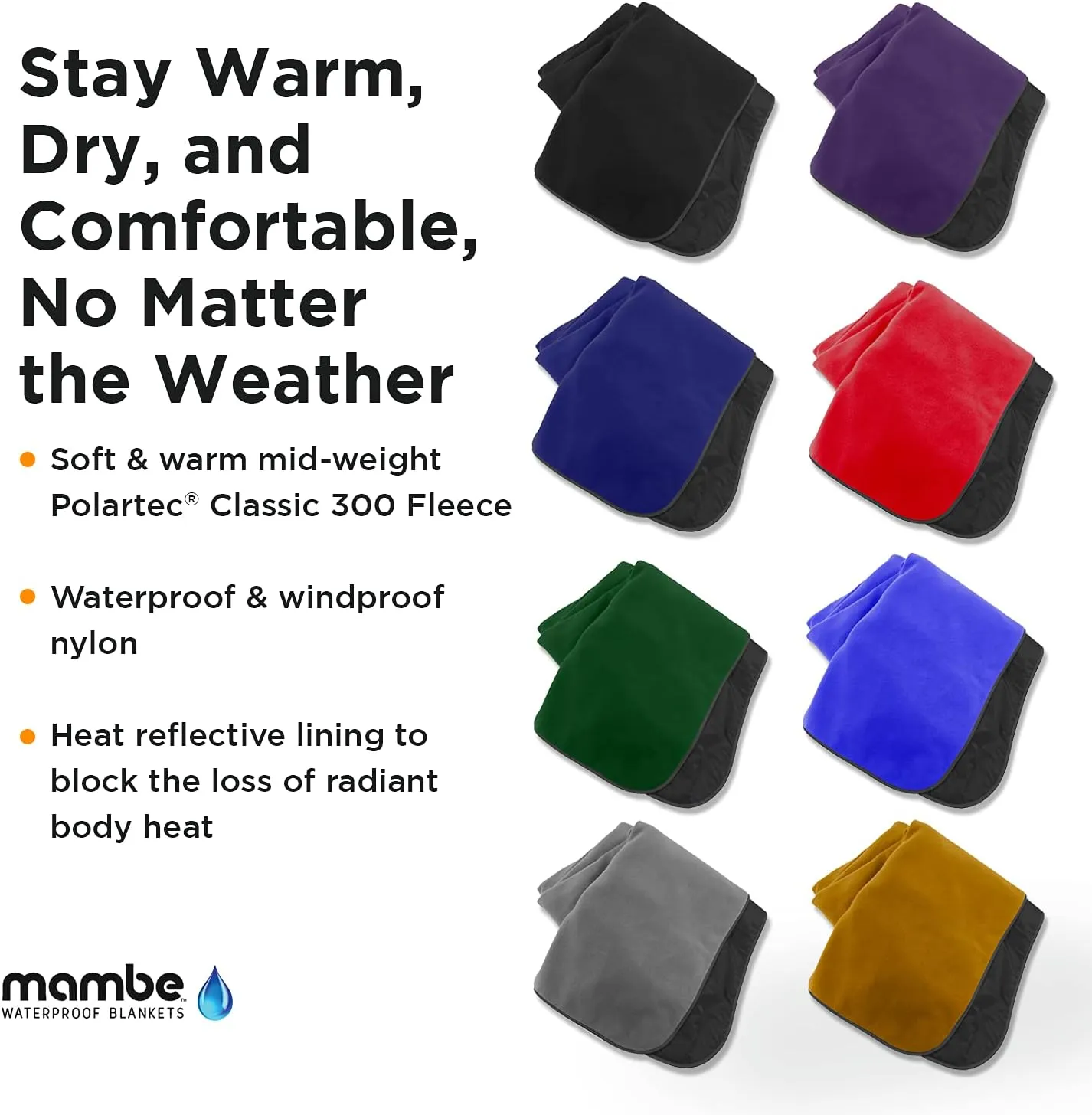 Mambe Extreme Weather Outdoor Blanket - Royal, Large - 100% Waterproof and Windproof, Soft warm Polarfleece with durable nylon shell, Use at Sporting Events, Camping, Picnics, Emergency. Machine Washable