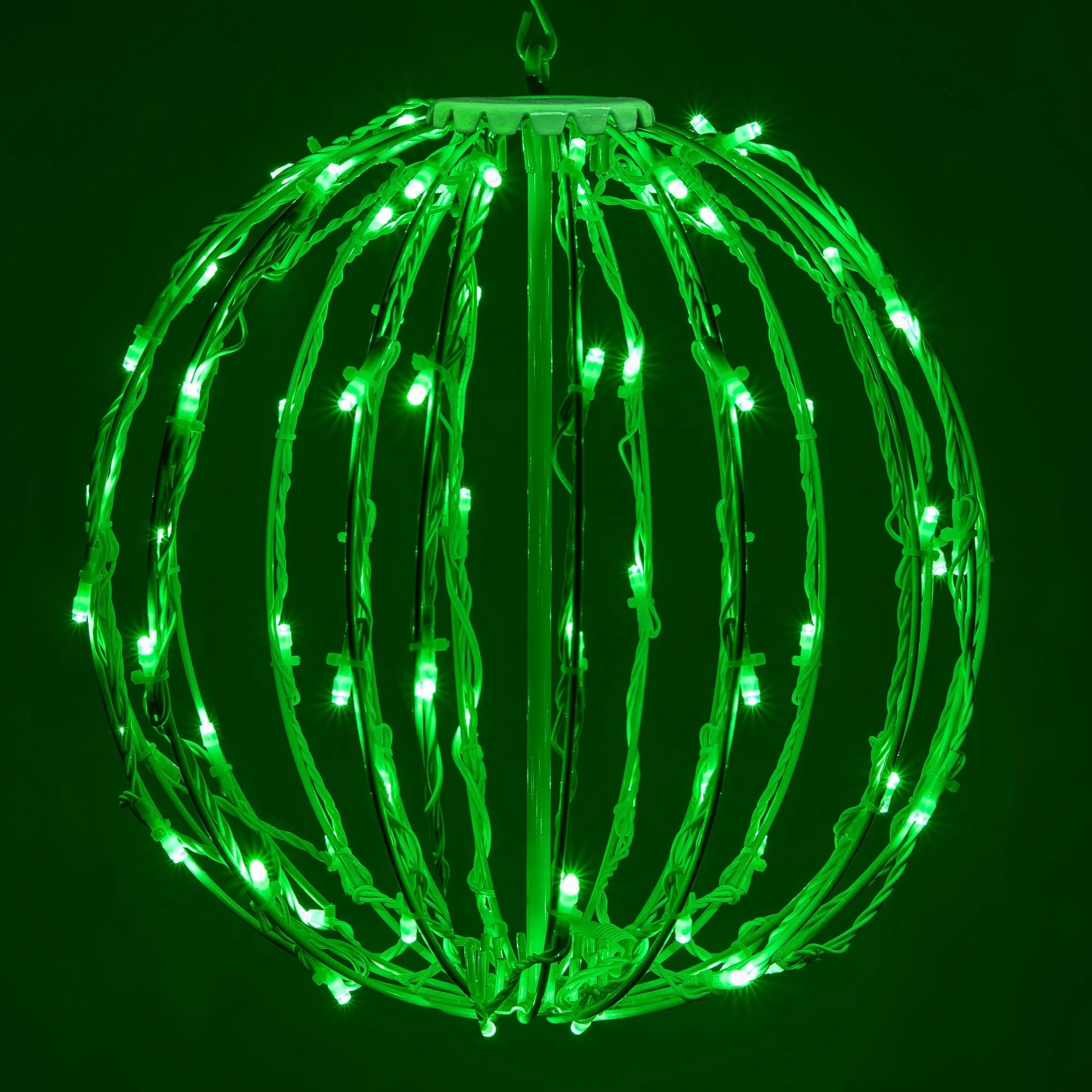 modern 8' LED Hanging Ball Light Indoor-Outdoor Christmas Light Ball, Brown Fold-Flat Metal Frame, Warm White Lights White Frame / Green Lights 12'