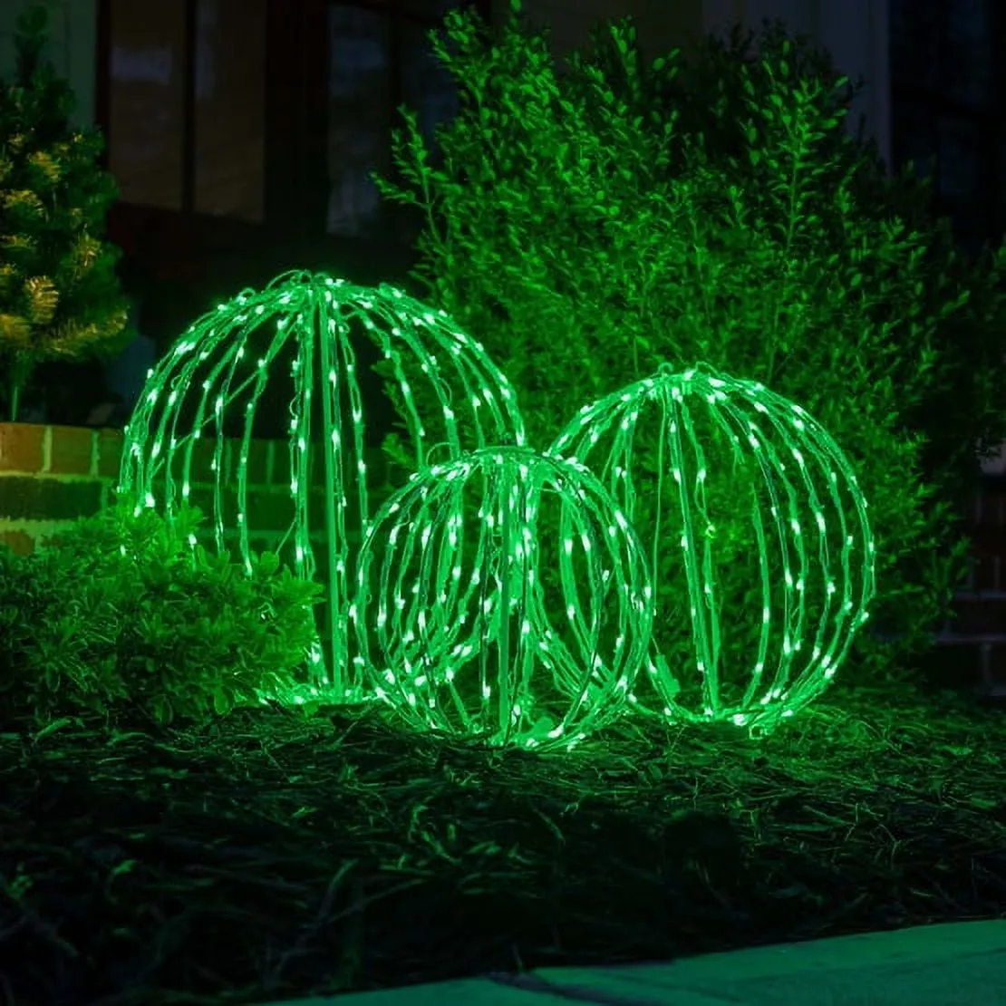 modern 8' LED Hanging Ball Light Indoor-Outdoor Christmas Light Ball, Brown Fold-Flat Metal Frame, Warm White Lights White Frame / Green Lights 12'