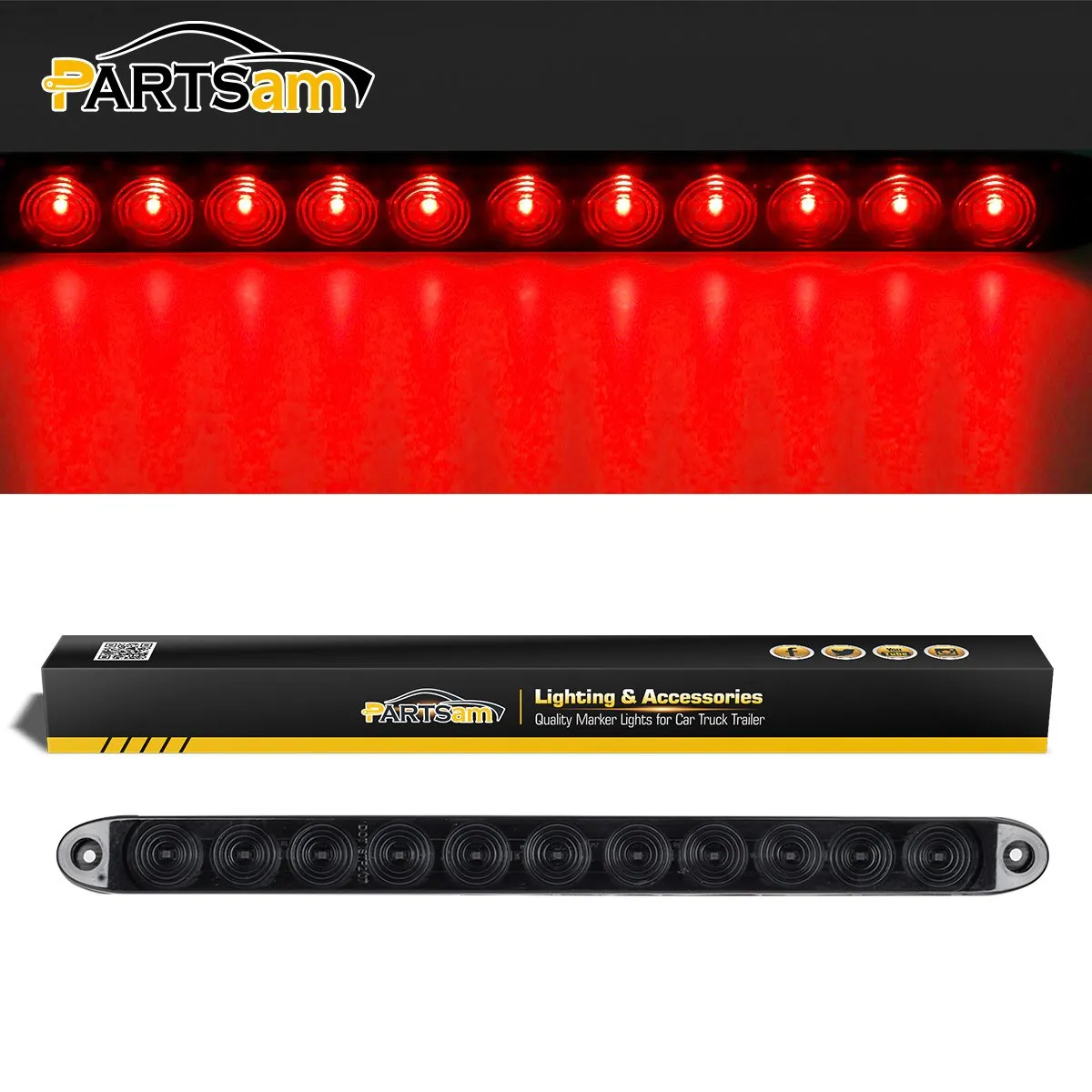 Partsam 1Pc 15 Inch Smoked Red Trailer Tail Light Bar 11 LED, 15" Led Stop Turn Tail Light Bar, 15" Truck Trailer Identification Light Bar, Thin Line Smoked Red led Strip Light Third Brake Light Bar