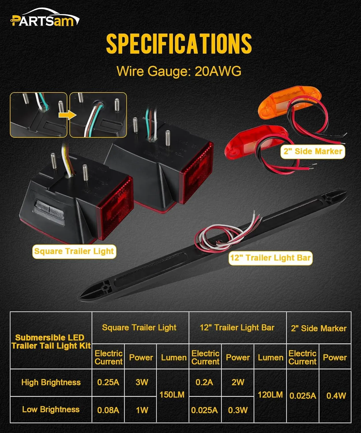 Partsam Submersible LED Trailer Tail Light Kit, Square Trailer Lights Light Bar 8 Side Markers, with 25FT Wiring Harness Reflective Stickers Combined Stop Turn Tail License Lights for Boat Trailer 12V
