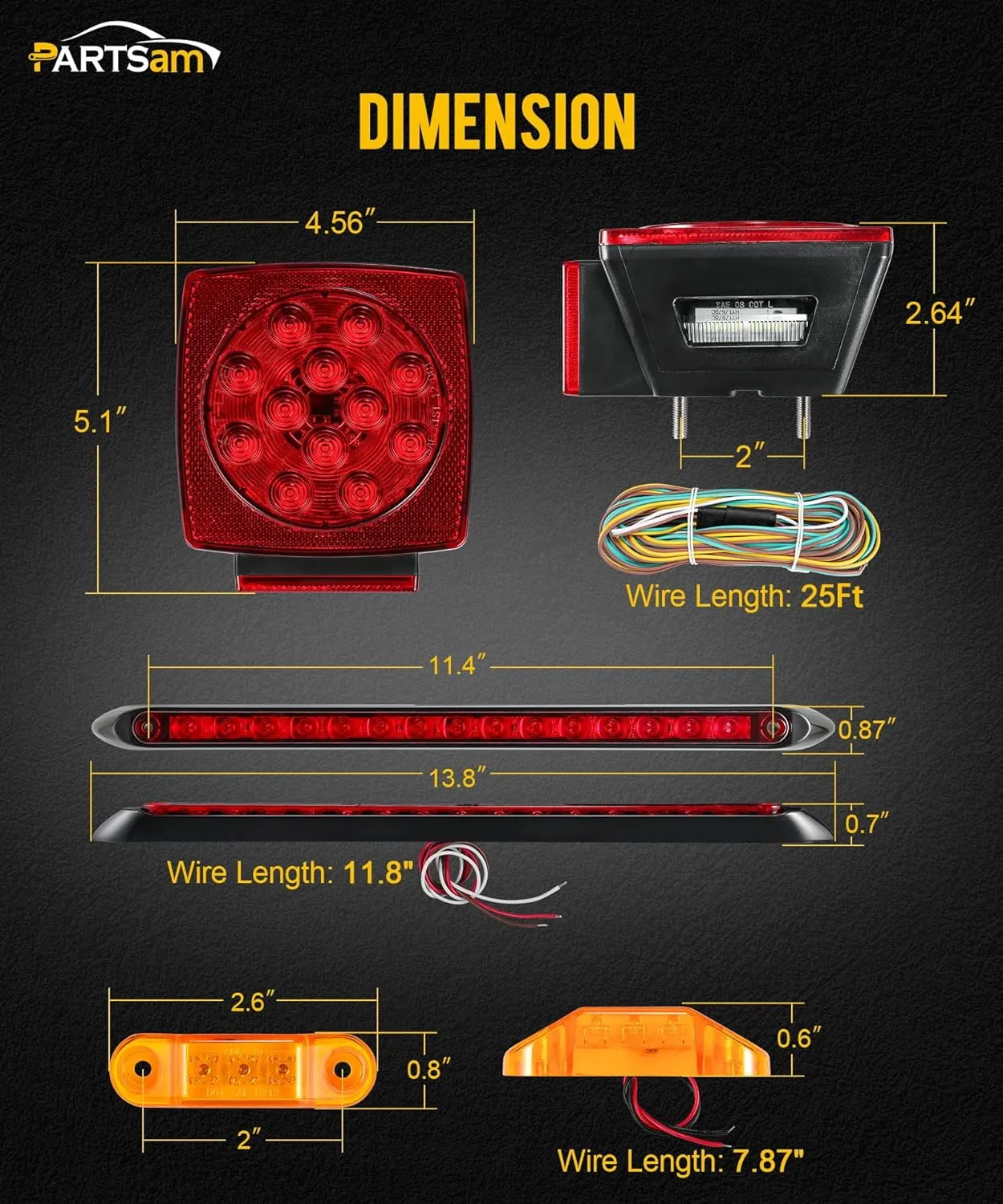 Partsam Submersible LED Trailer Tail Light Kit, Square Trailer Lights Light Bar 8 Side Markers, with 25FT Wiring Harness Reflective Stickers Combined Stop Turn Tail License Lights for Boat Trailer 12V