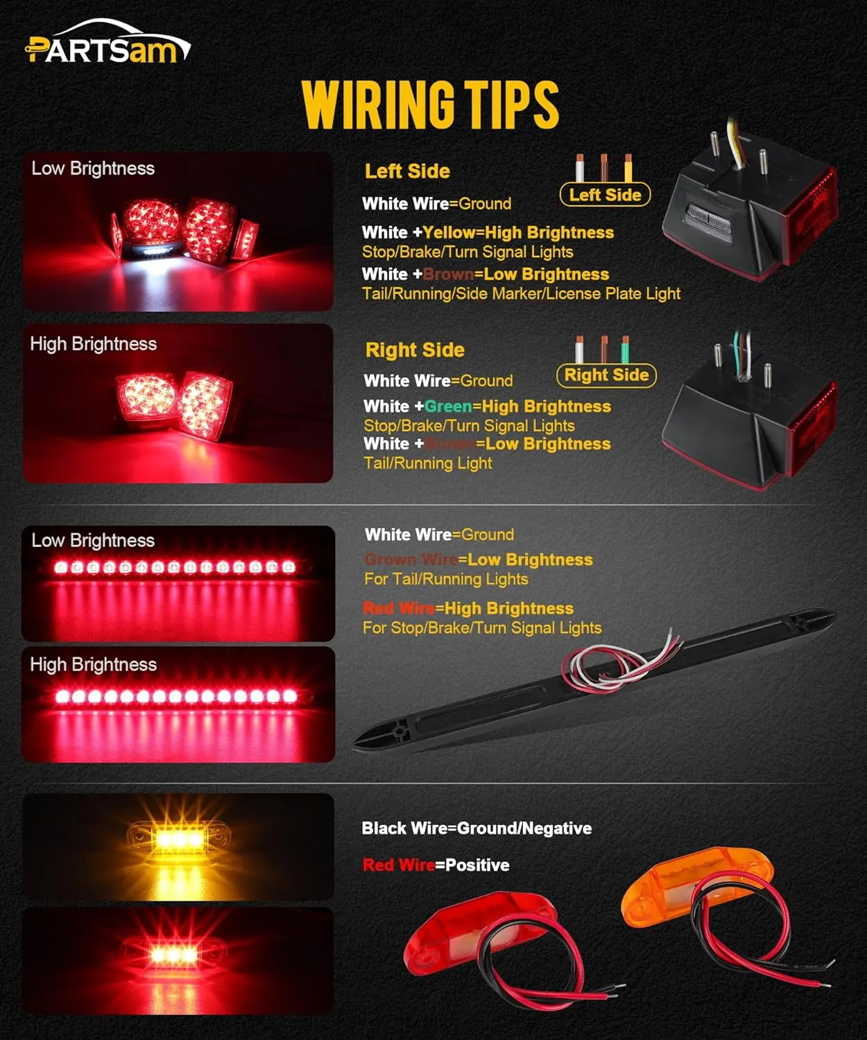 Partsam Submersible LED Trailer Tail Light Kit, Square Trailer Lights Light Bar 8 Side Markers, with 25FT Wiring Harness Reflective Stickers Combined Stop Turn Tail License Lights for Boat Trailer 12V