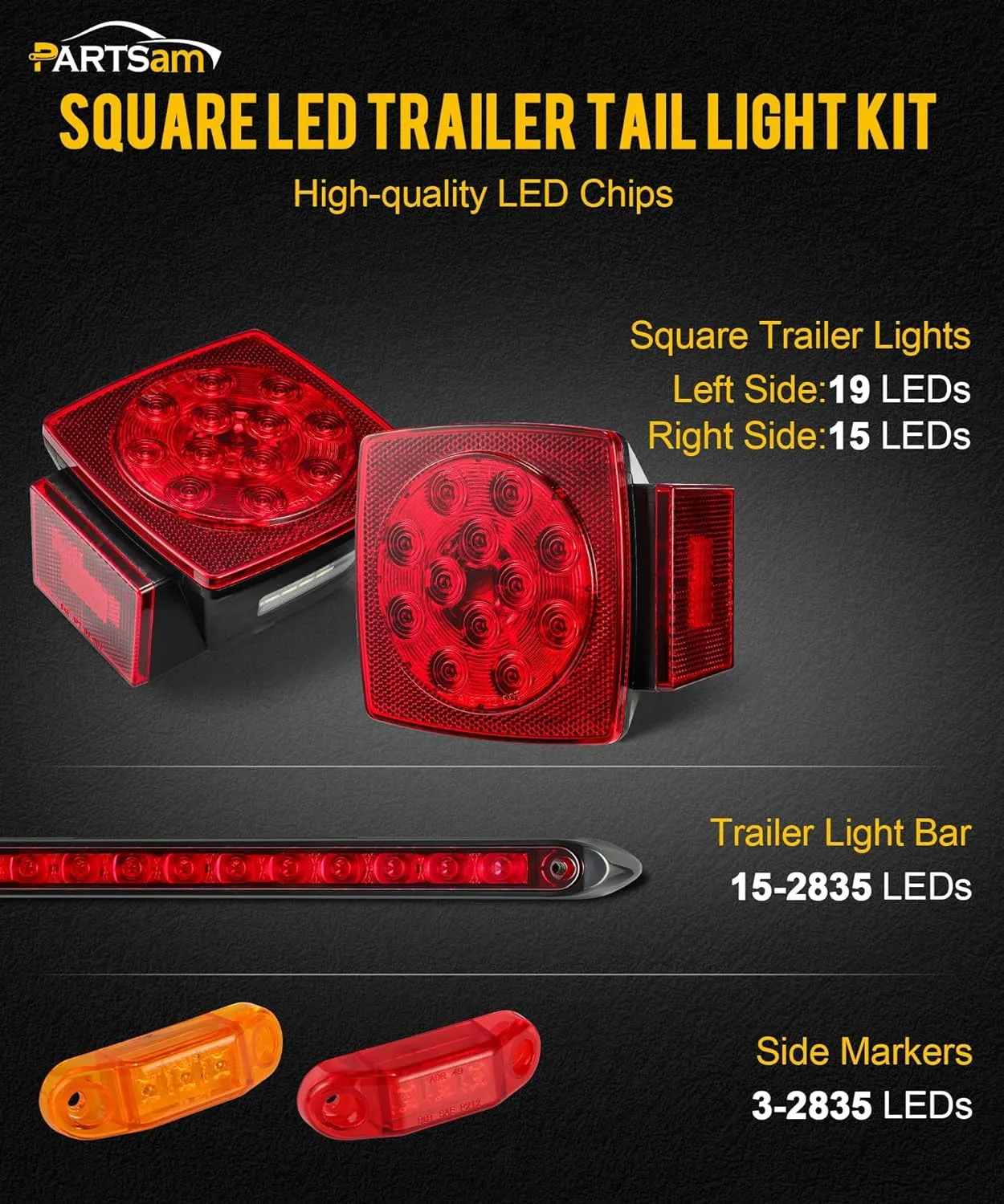 Partsam Submersible LED Trailer Tail Light Kit, Square Trailer Lights Light Bar 8 Side Markers, with 25FT Wiring Harness Reflective Stickers Combined Stop Turn Tail License Lights for Boat Trailer 12V