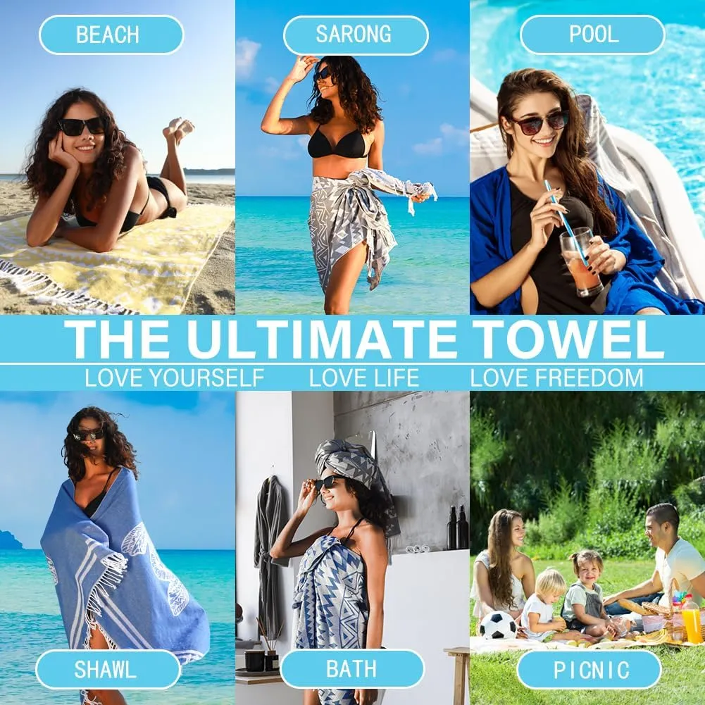 Turkish Beach Towel Quick Dry Absorbent Cotton Lightweight Thin Bathroom Bath Pool Swim Towels Extra Large Oversized Sand Free Beach Accessories Essentials Stuff Cloud Gift for Adults