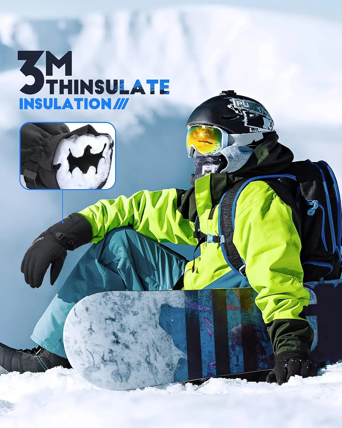 VELAZZIO Ski Gloves Waterproof Breathable Snowboard Gloves, 3M Thinsulate Insulated Warm Winter Snow Gloves, Fits Both Men & Women
