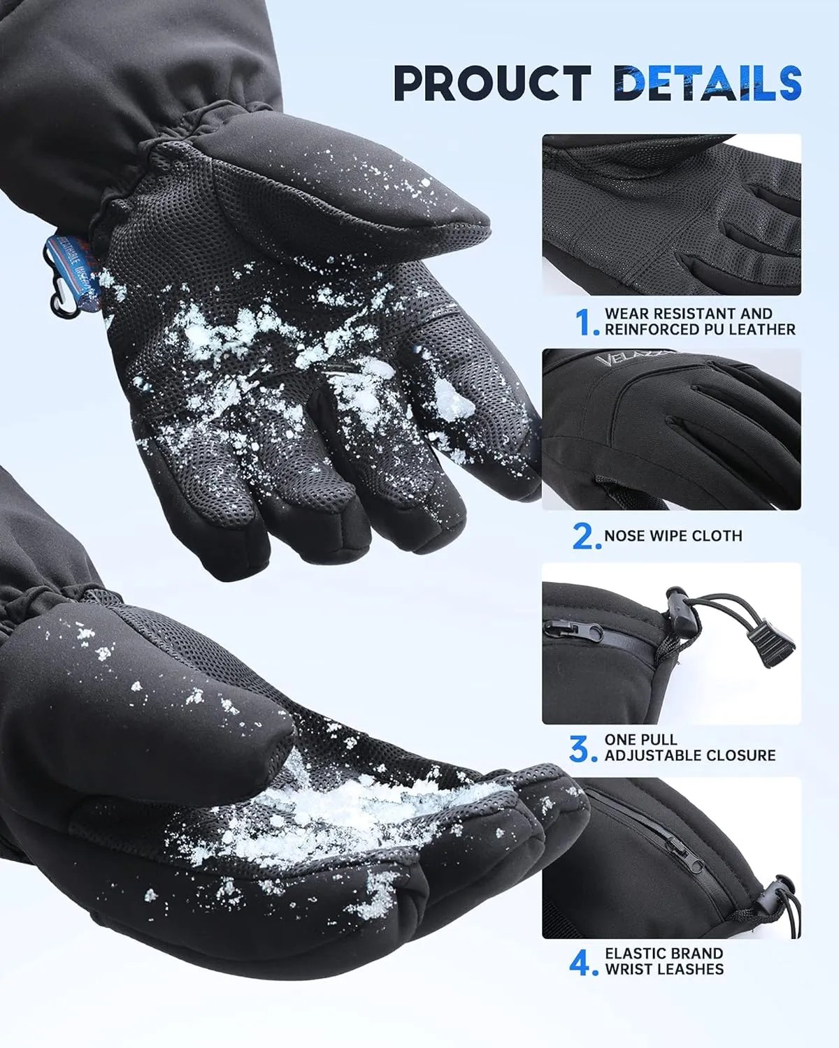VELAZZIO Ski Gloves Waterproof Breathable Snowboard Gloves, 3M Thinsulate Insulated Warm Winter Snow Gloves, Fits Both Men & Women