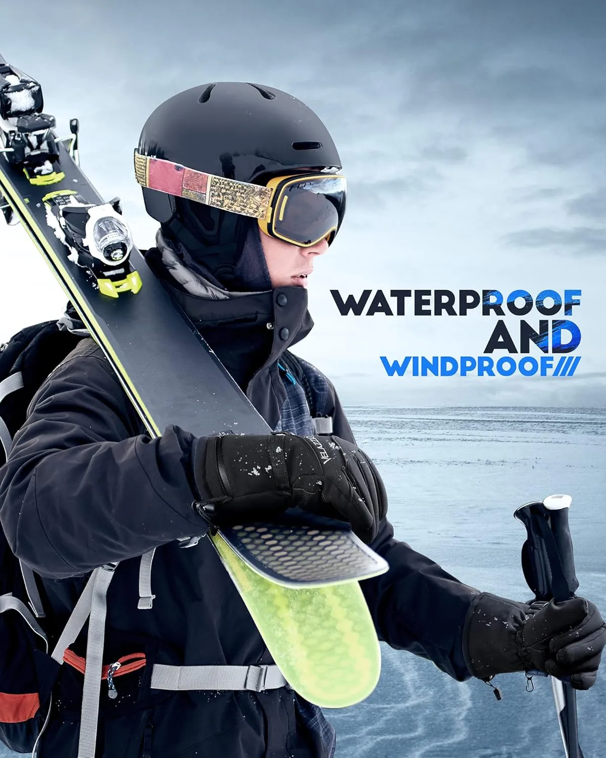 VELAZZIO Ski Gloves Waterproof Breathable Snowboard Gloves, 3M Thinsulate Insulated Warm Winter Snow Gloves, Fits Both Men & Women